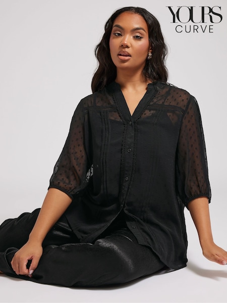 Yours Curve Black London Dobby Crochet Pleated Blouse (F04978) | kr457