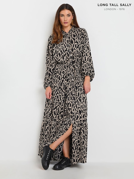 Long Tall Sally Black Leopard Print Long Sleeve Belted Dress (F04982) | €66
