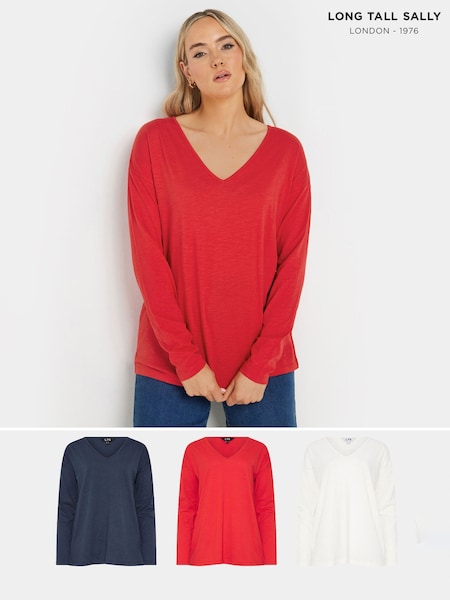 Punainen - Long Tall Sally V-kaula-aukko 100% puuvilla t-paidat 3 pakkaus (F05009) | €52