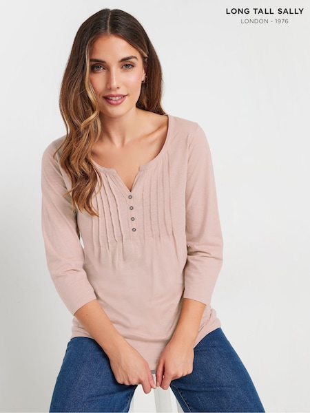 Long Tall Sally Pink Pintuck Henley 100% Cotton Top (F05013) | ₪116