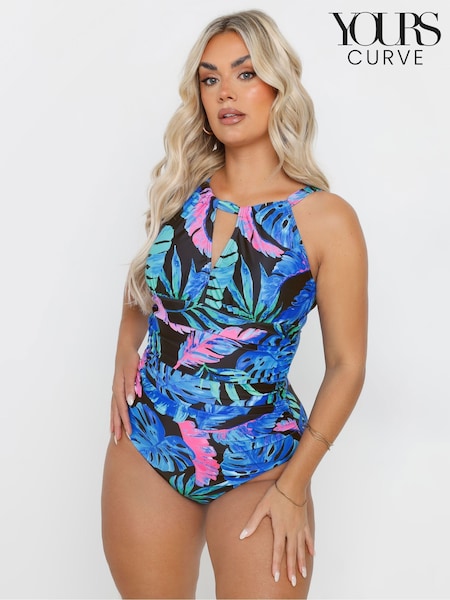 Yours Curve Black Oversized Floral Print Plunge Swimsuit (F05014) | ₪196