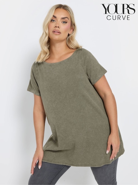 Yours Curve Khaki Green Boat Neck Ribbed Swing T-Shirt (F05015) | $38