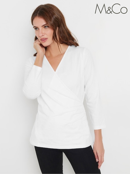 M&Co White 3/4 Sleeve Wrap Top (F05022) | €26