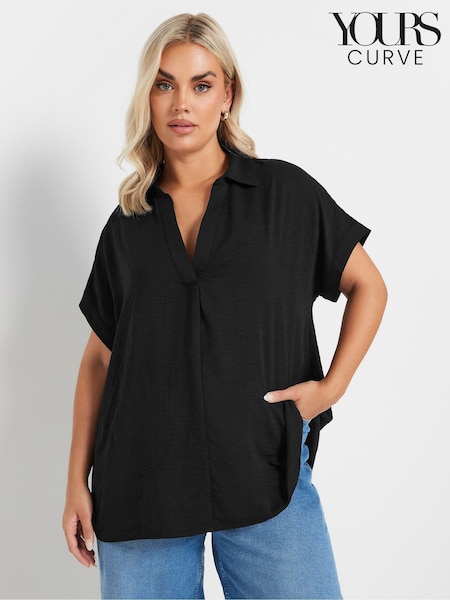 Yours Curve Black Collar Pleated Front Short Sleeve Blouse (F05037) | €42