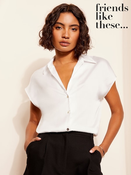 Friends Like These White Short Sleeve Satin Button Through Shirt (F05098) | €53