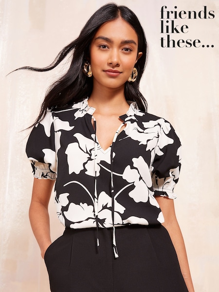 Friends Like These Short Sleeve Woven Tie Neck Blouse (F05111) | ‏126‏₪