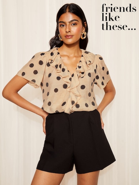 Friends Like These Cream Spot Ruffle Front Puff Sleeve Blouse (F05112) | €56