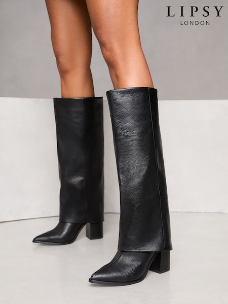 Lipsy Black Block Heel High Leg Fold Over Faux Leather Boots (F05133) | AED322