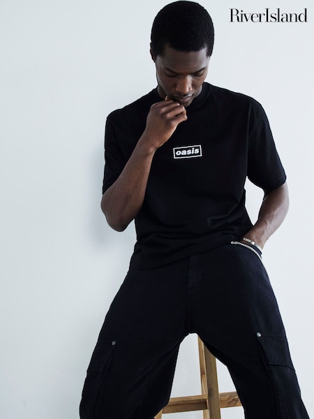 River Island Black Regular Fit Oasis Front 100% Cotton T-Shirt (F05291) | $38