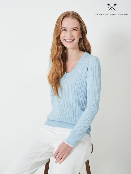 Crew Clothing Blue Chrome Heritage Cable V-Neck Jumper (F05459) | €69