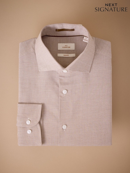Rust Brown Slim Fit Textured Signature 100% Cotton Long Sleeve Shirt (F05475) | €62