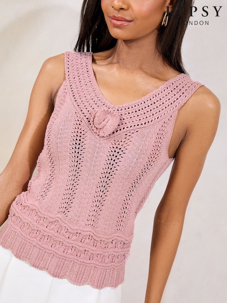 Lipsy Pink Crochet Stitchy Flower Corsage V-Neck Knit Vest Top (F05497) | ₪181