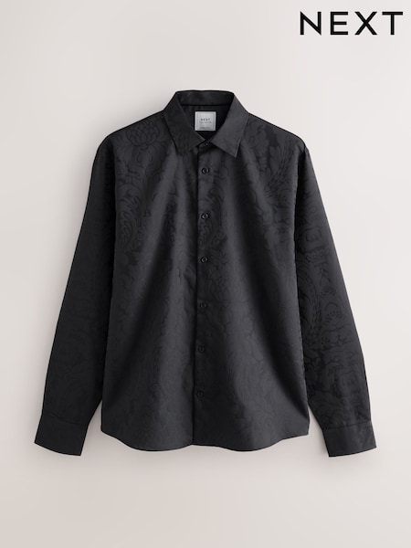 Floral preto - Geometric Print Long Sleeve Smart Shirt (F05596) | R$ 365