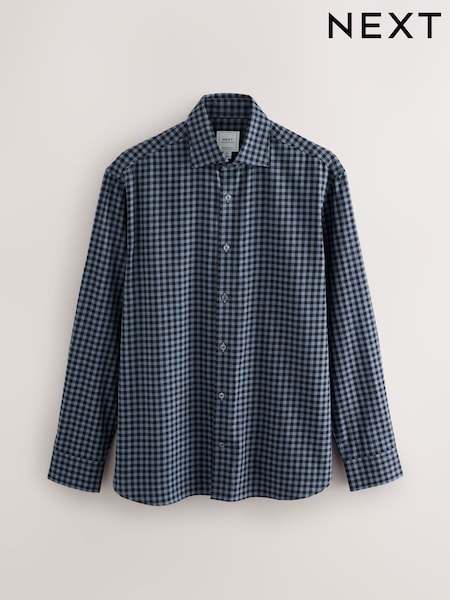 Navy Gingham Regular Fit Check Soft Touch 100% Cotton Smart Long Sleeve Shirt (F05600) | €37