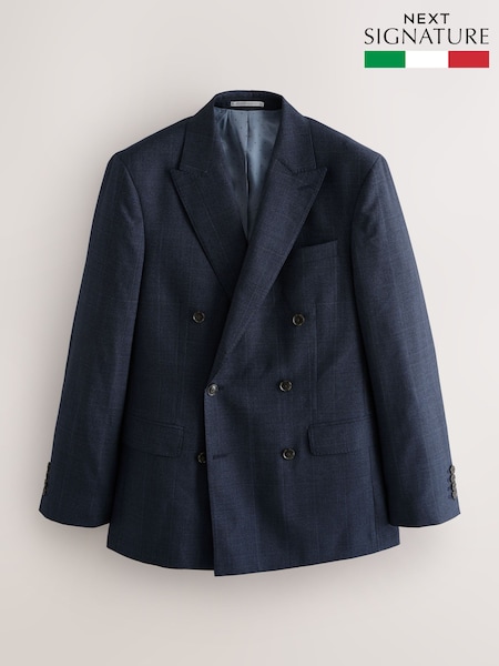 Navy Signature Marzotto Italian Check Fabric Double Breasted Suit Jacket (F05609) | AED827