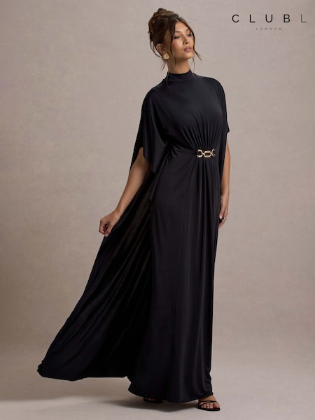 Club L London Black Olessia Belted Gathered Cape-Sleeve Maxi Dress (F05660) | €136