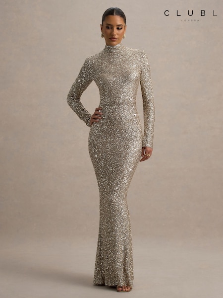 Club L London Galaxy Sequin Turtle Neck Long Sleeve Maxi Dress (F05661) | €239