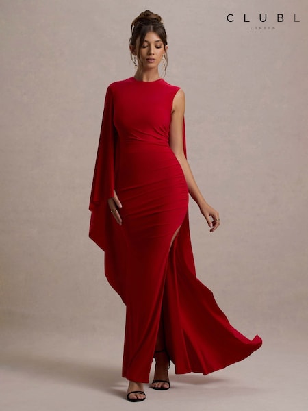 Club L London Red Yuna Draped Maxi Dress With Cape (F05662) | €56