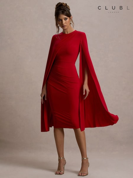 Punainen - Club L London Marysol Asymmetric Cape Midi Dress (F05673) | €110