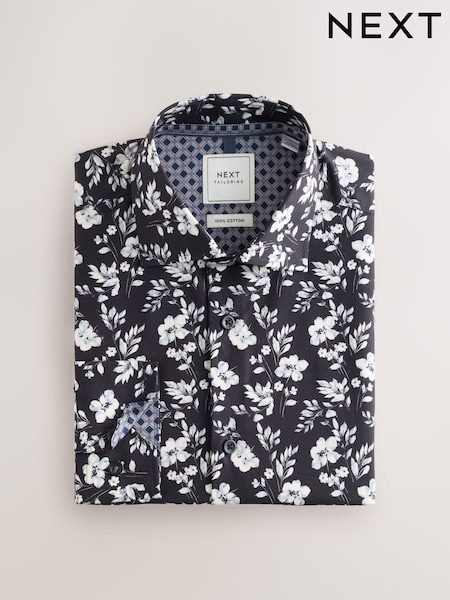 Black/White Floral Regular Fit Printed Long Sleeve Single Cuff Formal Shirt (F05812) | AED166
