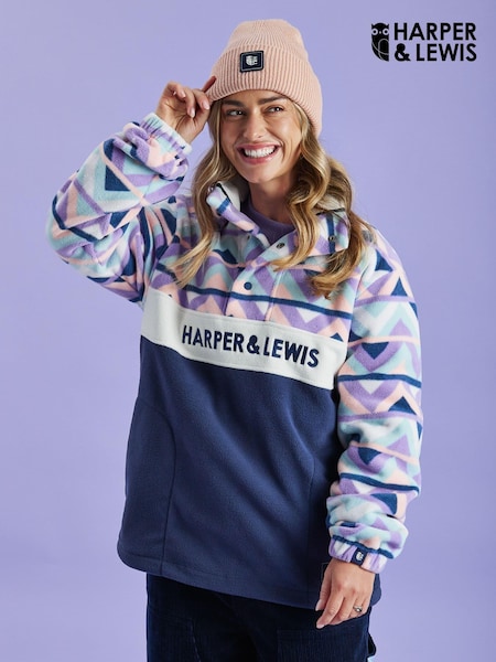 Harper & Lewis Blue Polar Retro Pattern Popper Neck Fleece (F05820) | ₪322