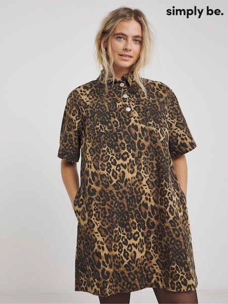 Simply Be Brown Leopard Print Boxy Short Denim Dress (F05904) | €61