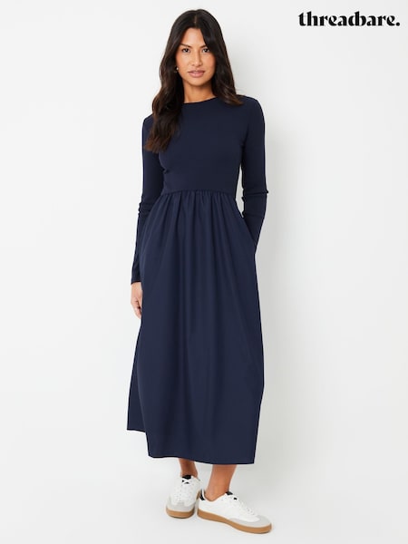 Threadbare Blue Ribbed Jersey 2-in-1 Midi Dress with Poplin Skirt (F05943) | €45