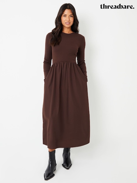 Threadbare Chocolate Brown Ribbed Jersey 2-in-1 Midi Dress with Poplin Skirt (F05945) | AED239