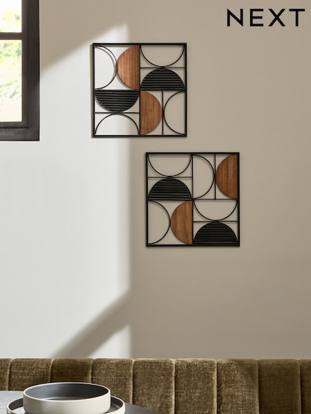 Set of 2 Black Bronx Metal and Wood Abstract Wall Plaques (F05993) | €44