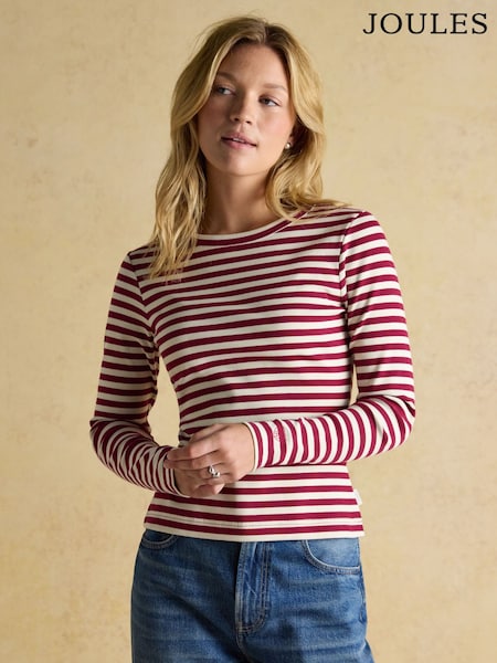 Joules Sophie Burgundy Red/Cream Long Sleeve Ribbed Fitted Top (F06159) | €38
