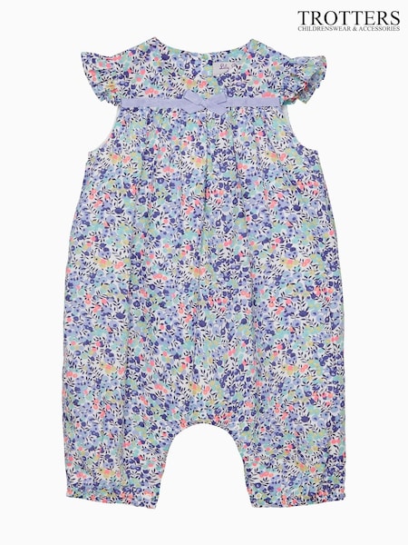 Trotters London Little Blue Liberty Print Neon Wiltshire 100% Cotton Romper (F06272) | ₪352