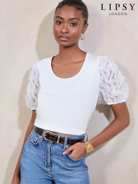 Valkoinen - Lipsy 3d Fabric Puff Sleeve T-shirt (F06469) | €57
