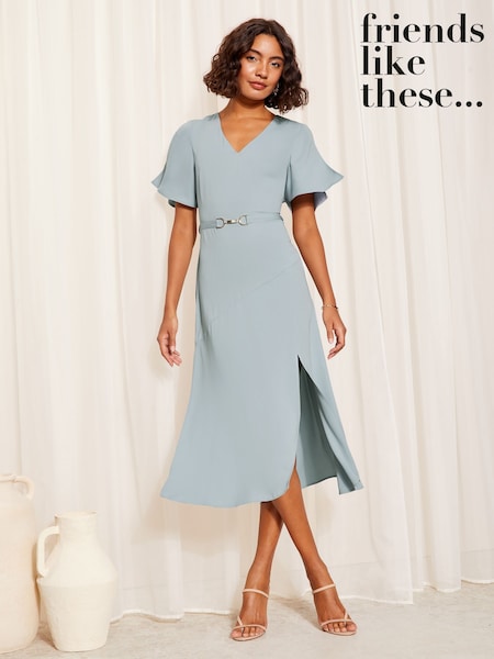 Friends Like These Blue Short Tulip Sleeve Ruched Body Midi Dress (F06517) | €62