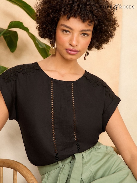 Negru - Tricou Love & Roses țesut cu Dantelă umăr (F06519) | 223 LEI