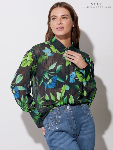 Star by Julien MacDonald Green Gem Button Floral Leaf Shirt (F06559) | ₪251
