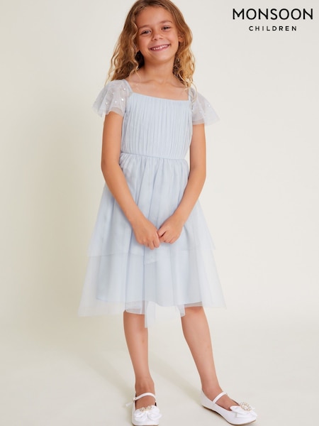 Monsoon Blue Theodora Tulle Diamante Sleeve Dress (F06621) | kr600 - kr657