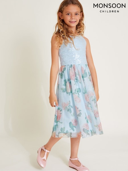 Monsoon Blue Truth Sequin Floral Print Tulle Dress (F06634) | $80 - $87