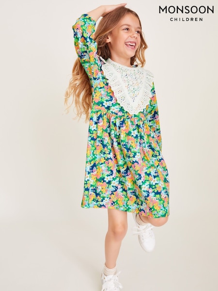 Monsoon Green Long Sleeve Floral Print Yoke Dress (F06639) | $44 - $51