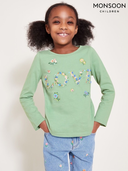 Monsoon Green Floral Love 100% Cotton Embroidered Long Sleeve Top (F06640) | €25 - €30