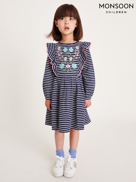 Monsoon Blue Floral Print Embroidered Stripe Ruffle 100% Cotton Dress (F06654) | €33 - €37