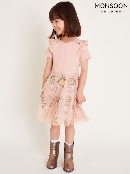 Monsoon Pink Short Sleeve Floral Print Embroidered Tulle Dress (F06656) | AED270 - AED305