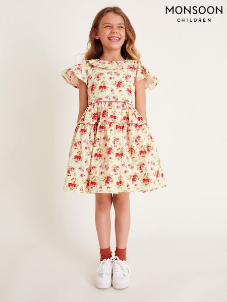 Monsoon Pink Frilly Short Sleeve Rose Print Dress (F06660) | AED270 - AED305