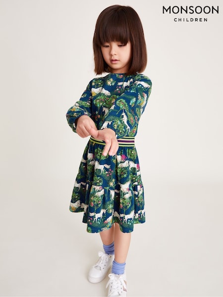 Monsoon Blue Unicorn Long Sleeve Jersey Dress (F06671) | R550 - R638