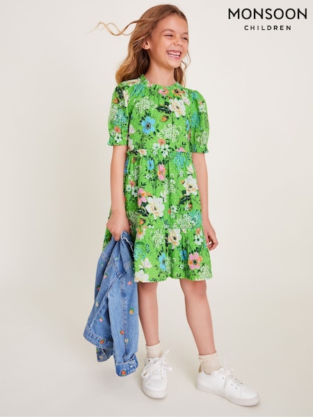 Monsoon Green Puff Sleeve Floral Print 100% Cotton Dress (F06681) | €41 - €48