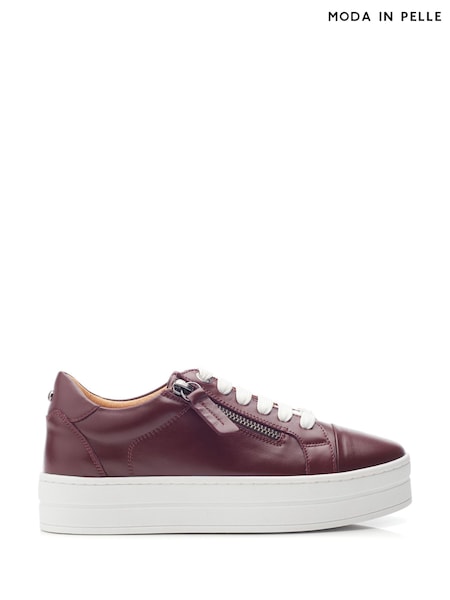 Moda in Pelle Red Abbiy Chunky Slab Sole Side Zip Leather Lace Up Trainers (F06722) | €117