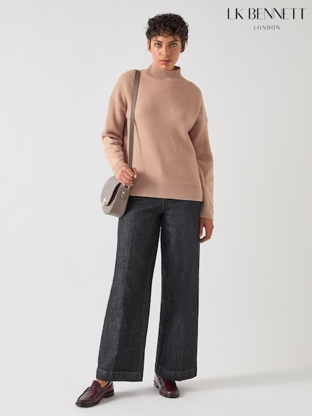 LK Bennett Brown Everly Utility Elbow Patch Rib Sweater (F06727) | ₪1,001