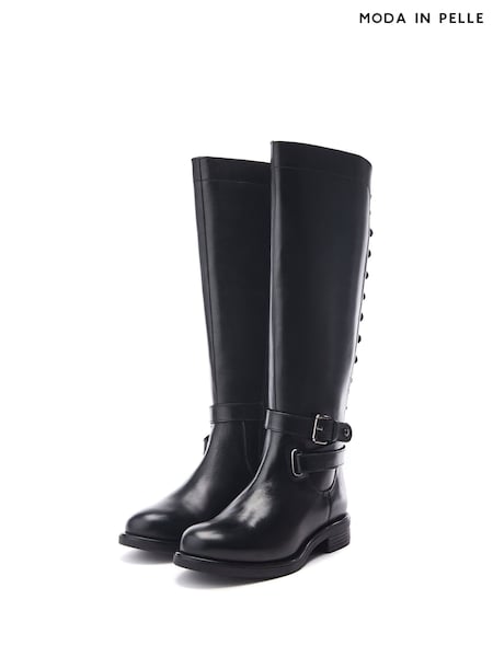 Moda in Pelle Somain Jodper Strap Detail Long Leather Black Boots (F06735) | 933 LEI