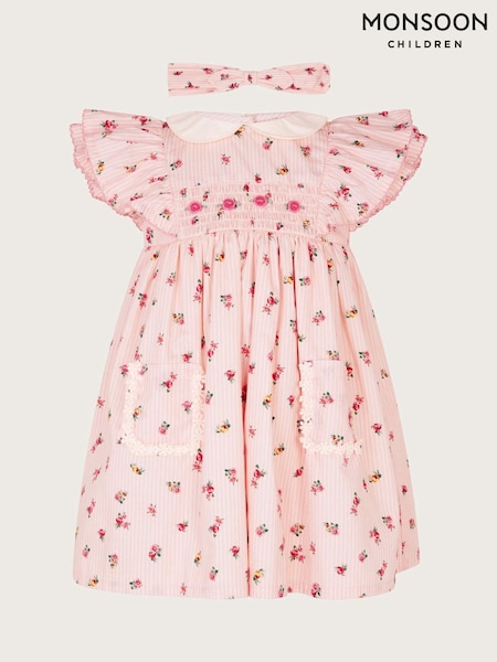 Monsoon Natural Baby Floral Print Stripe Dress and Headband Set (F06818) | €45 - €51