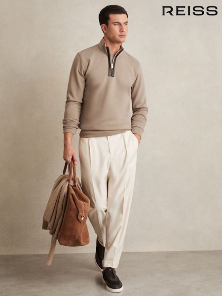 Taupe ruskea - Reiss Hale Leather-placket Interlock Sweatshirt (F06890) | €186
