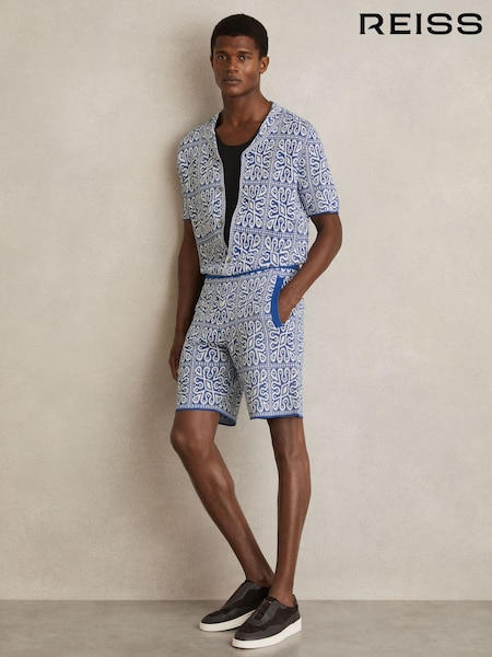 Reiss Blue/White Redhill Tile Pattern Knit Shorts (F06898) | €167